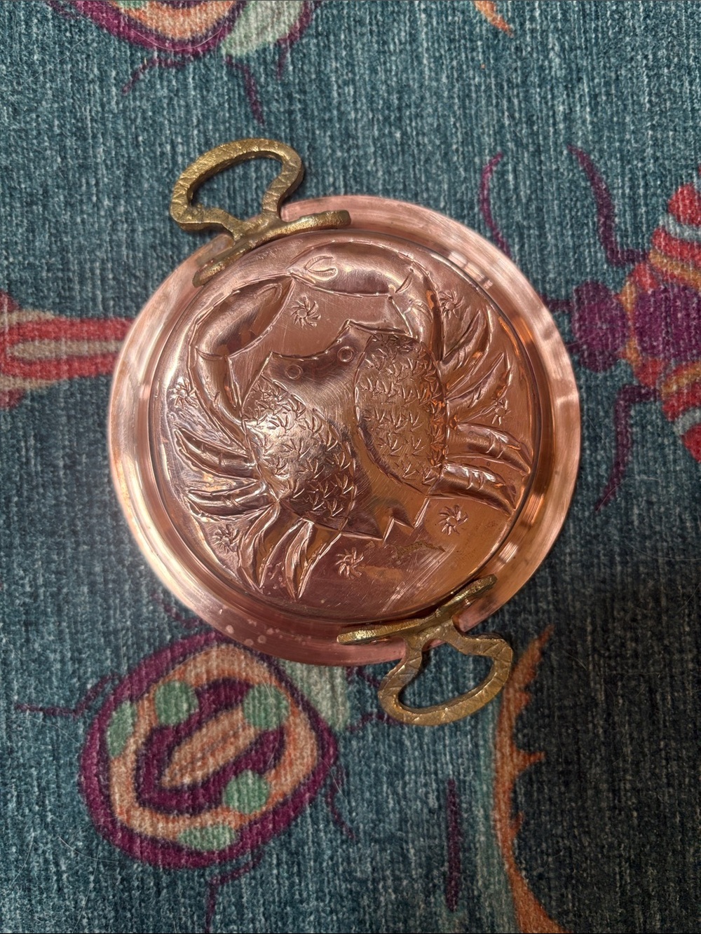 Vintage Copper & Brass Crab Cancer Zodiac Tray jello mold with Brass Handles